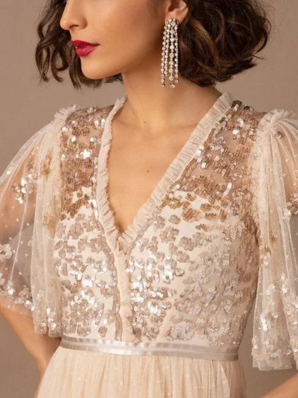 Needle & Thread Anthropologie BHLDN Patchwork  Midi Dress Champagne 10 - Picture 2 of 6